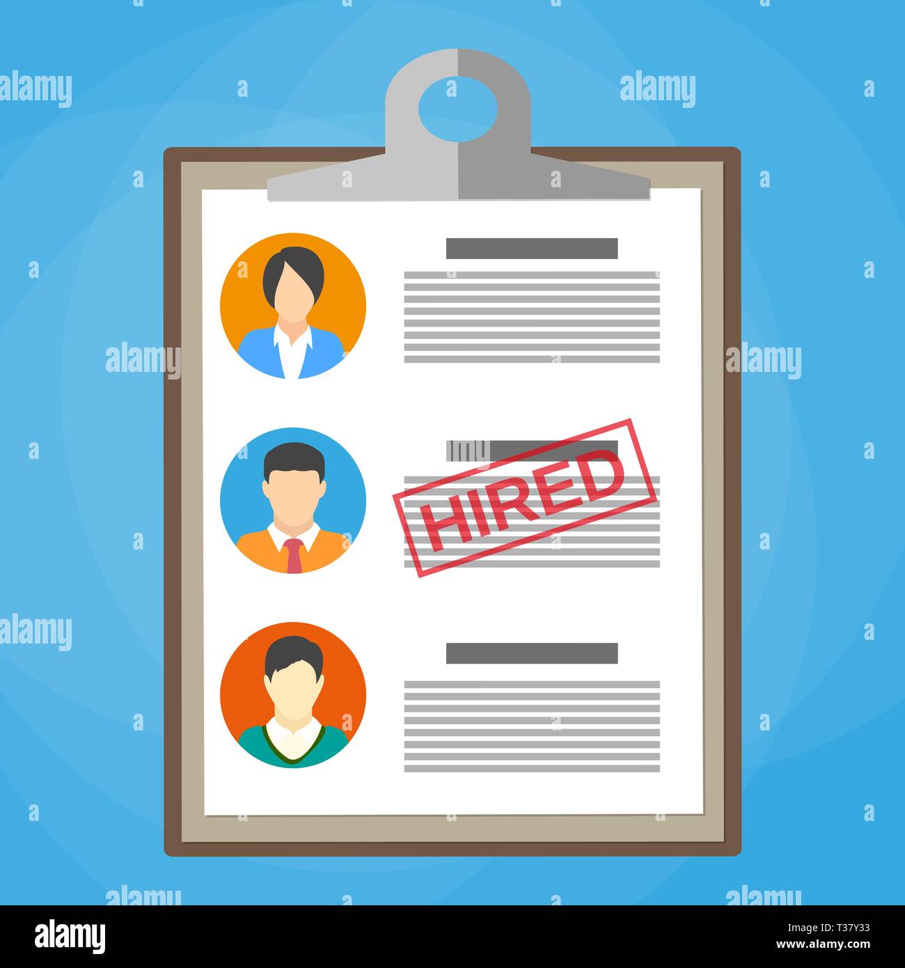 https://c8.alamy.com/comp/T37Y33/human-resources-management-concept-searching-professional-staff-analyzing-resume-papers-work-clipboard-with-resume-papers-and-hired-stamp-vector-T37Y33.jpg
