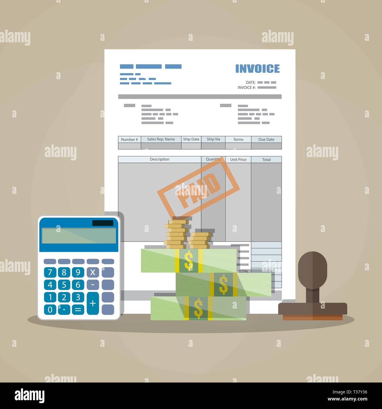 paper invoice form, paid stamp, cash money and coins, calculator. tax