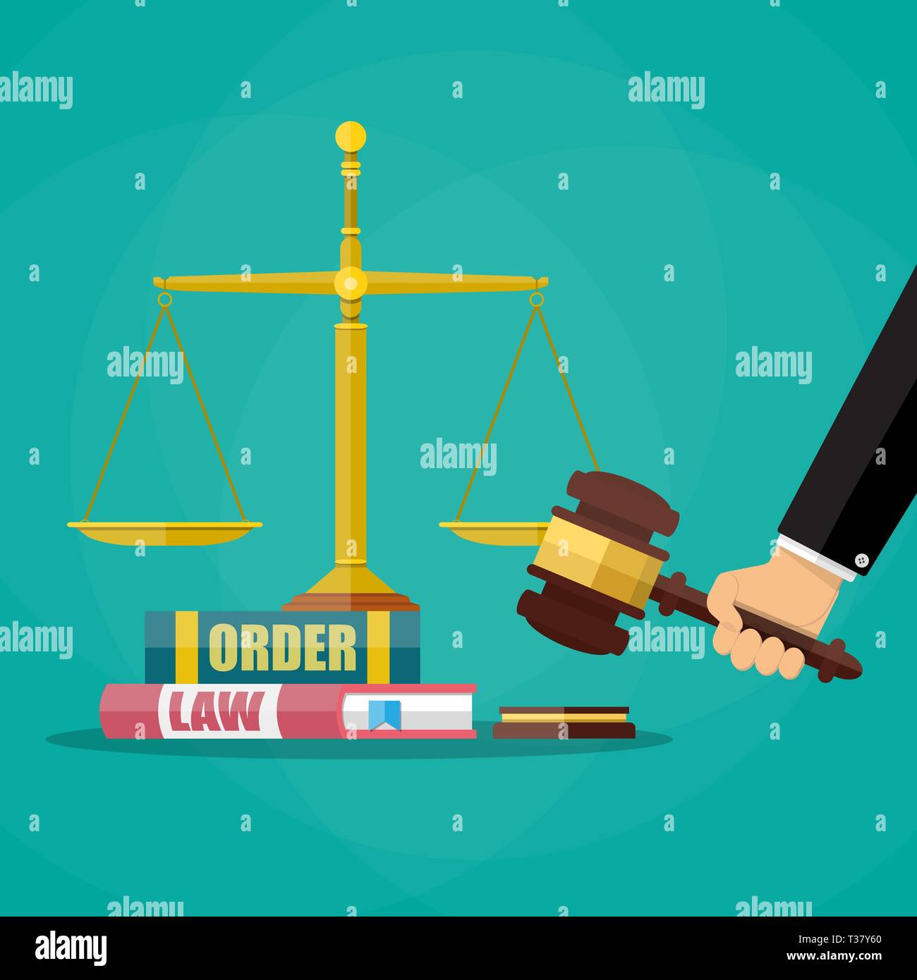 Hand with judge wooden gavel, law and oreder book and golden scales