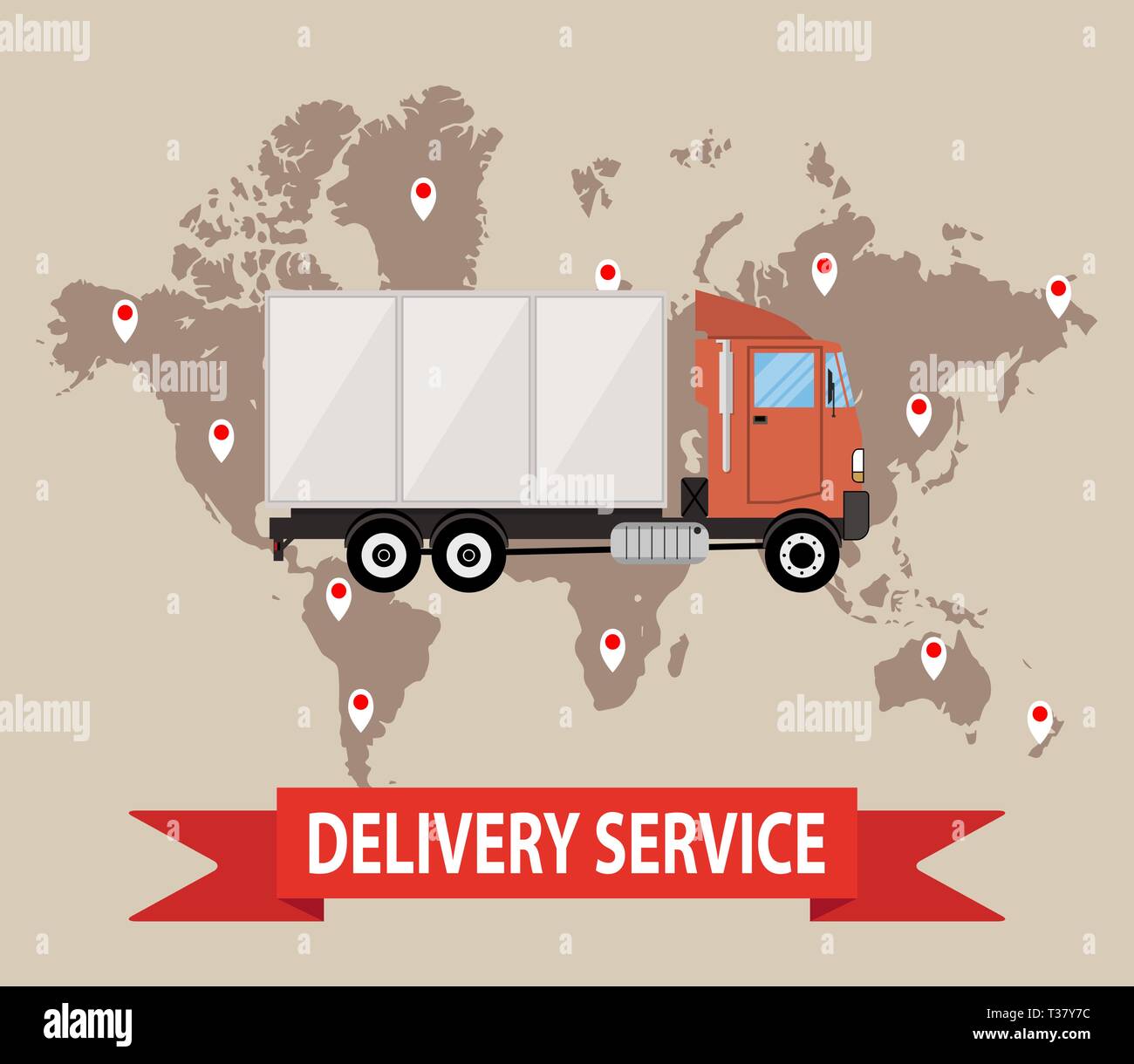 Transportations and logistics. truck on brown background with world map. vector illustration in flat style Stock Vector
