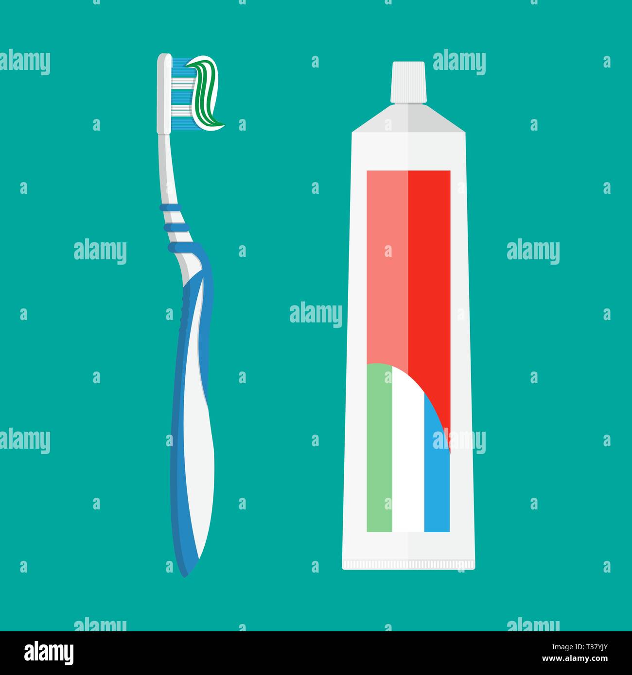 toothpaste and tooth brush. vector illustration in flat style on green ...