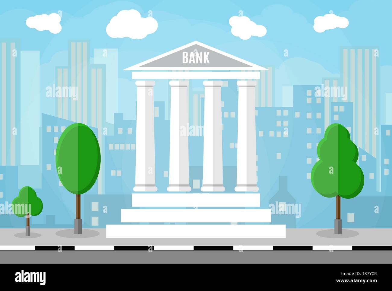 Bank building with trees and city skylines behind. vector illustration ...
