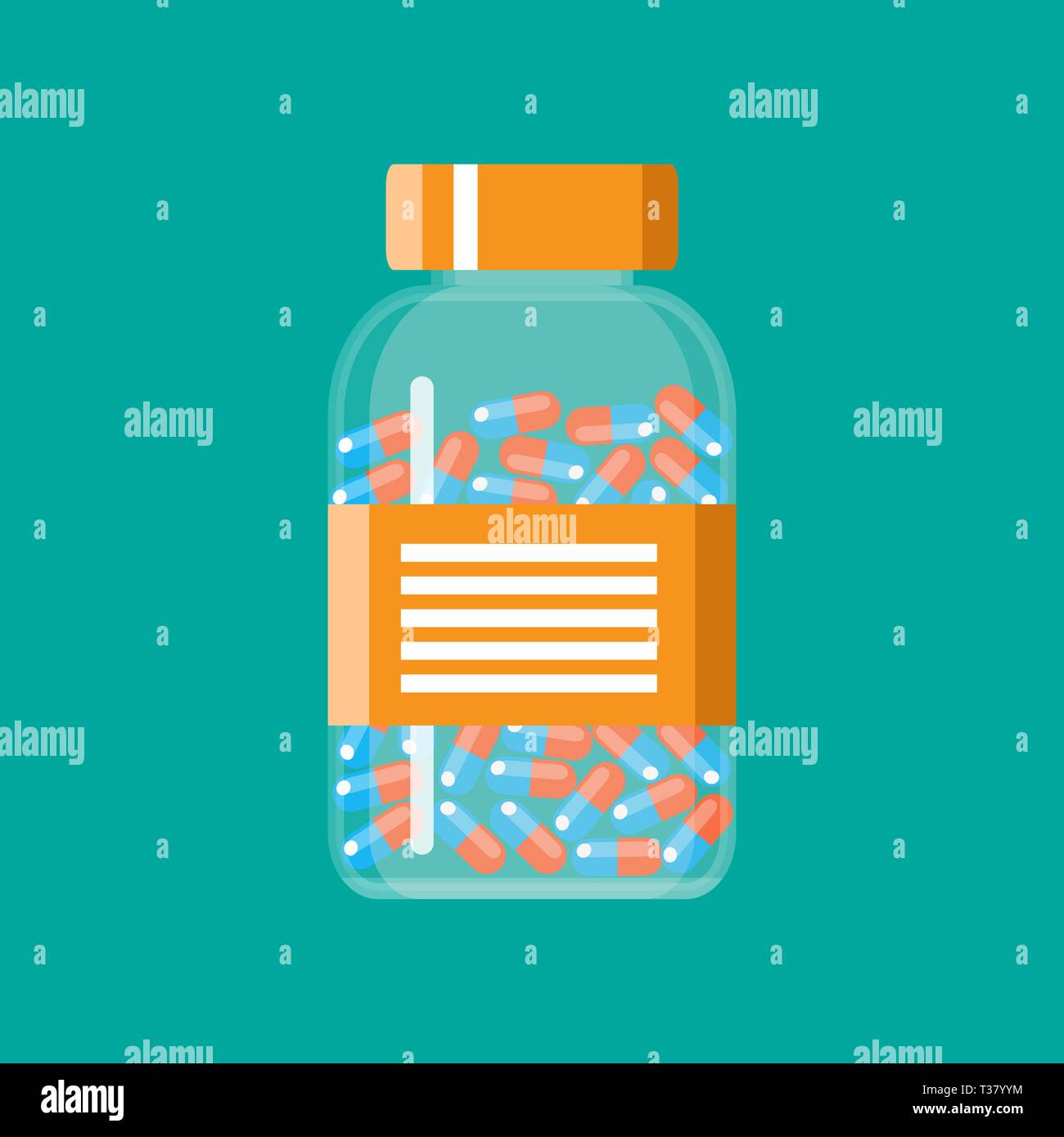 Glass container with medical pills capsules. vector illustration in
