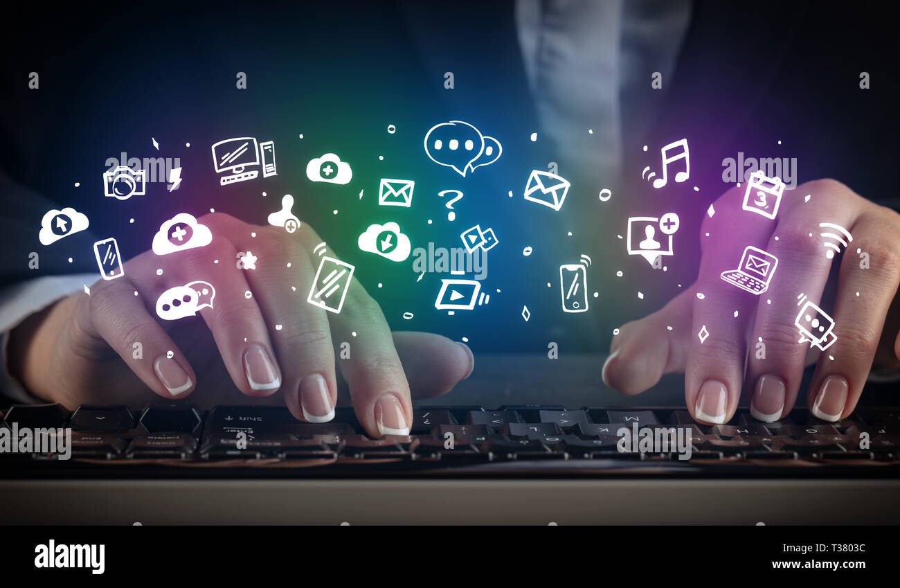 Blogger woman typing on keyboard with drawn application icons around ...