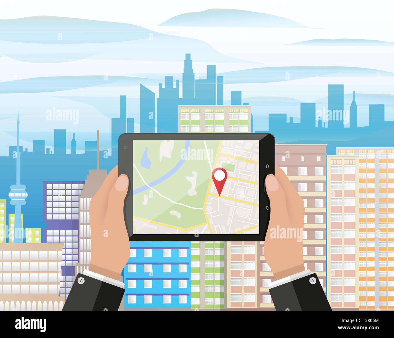 Cartoon hand holds smartphone or tablet pc with navigation app against ...