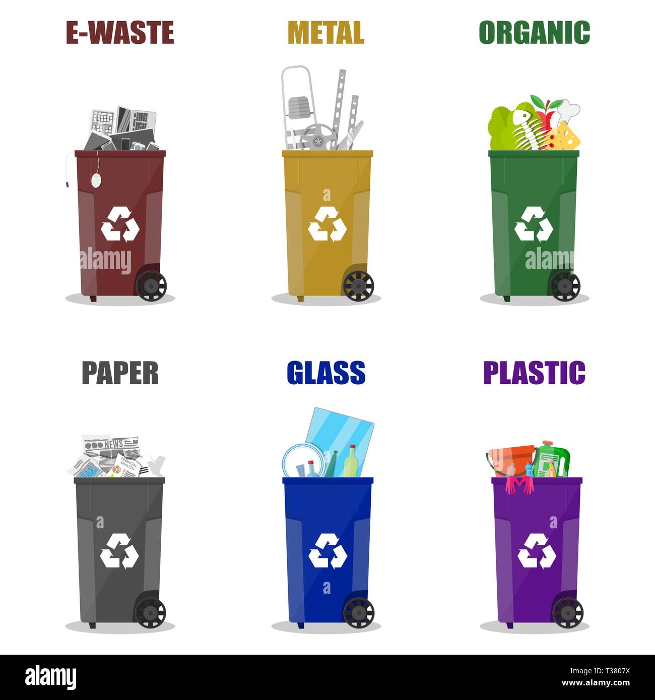 Diffrent waste recycling categories. Garbage bins in differend colors