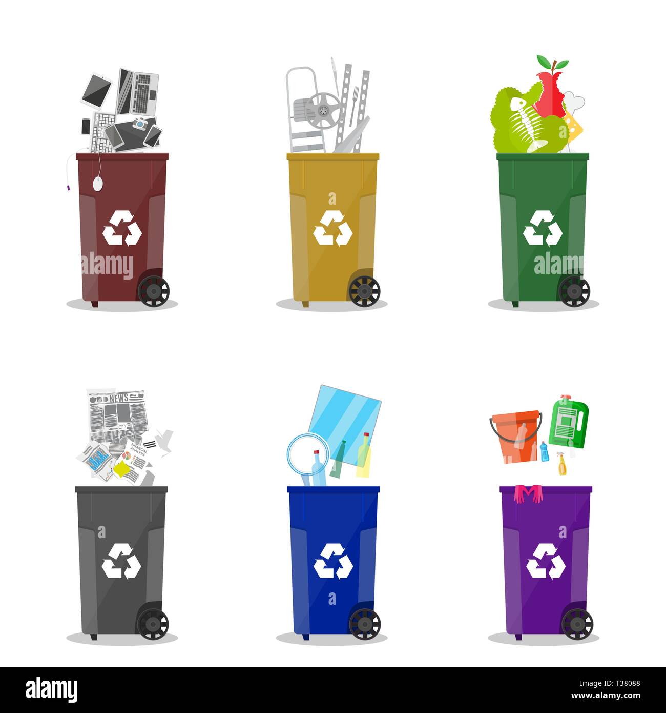 Free Vector  Set of separation garbage bins in cartoon style. trash types  segregation recycling concept.