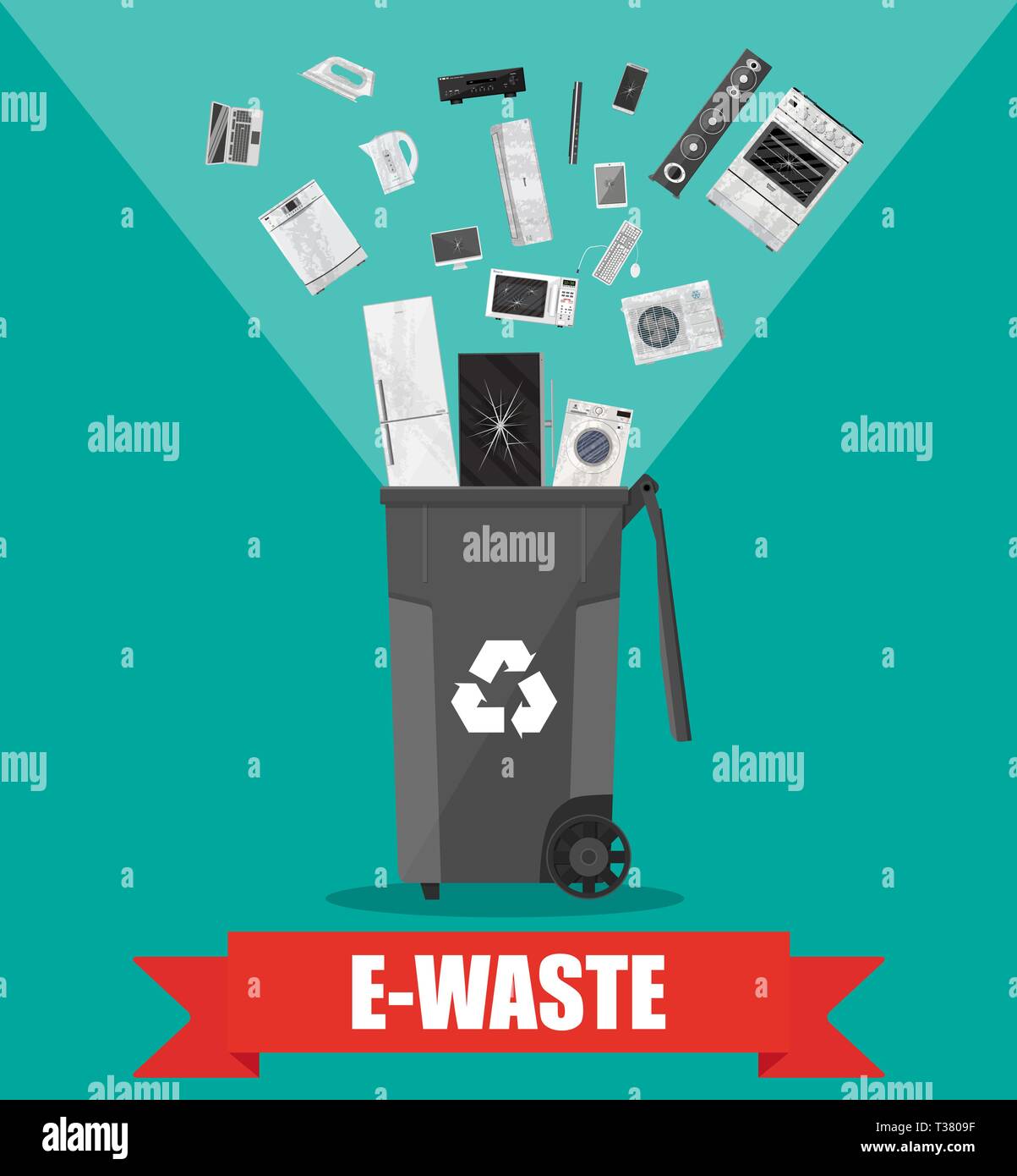 ewaste recycle bin container with old computer equipment, phones