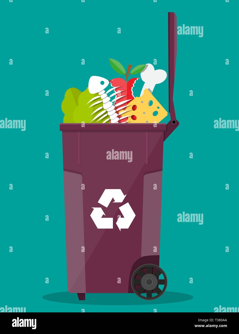 food waste garbage bin container full of junk food. salad, fishbone, bone, apple, cheese. vector