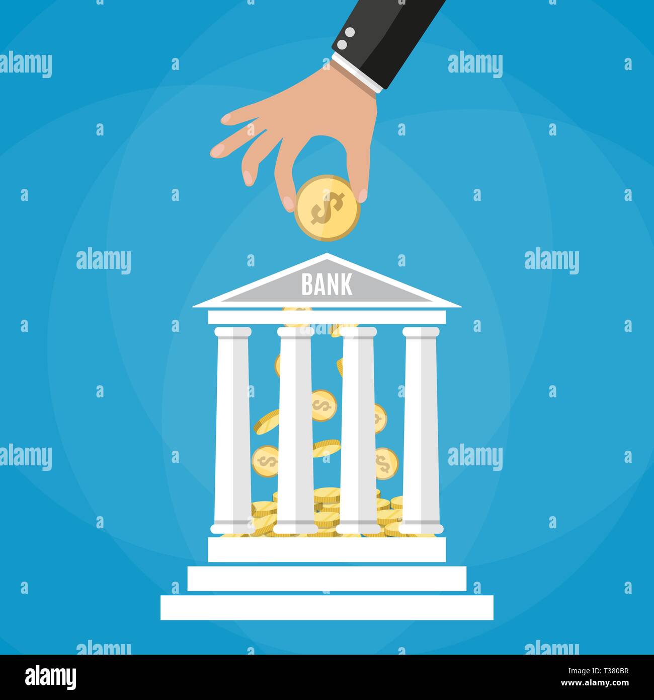 Hand putting golden coin into bank building. Depositing money in bank