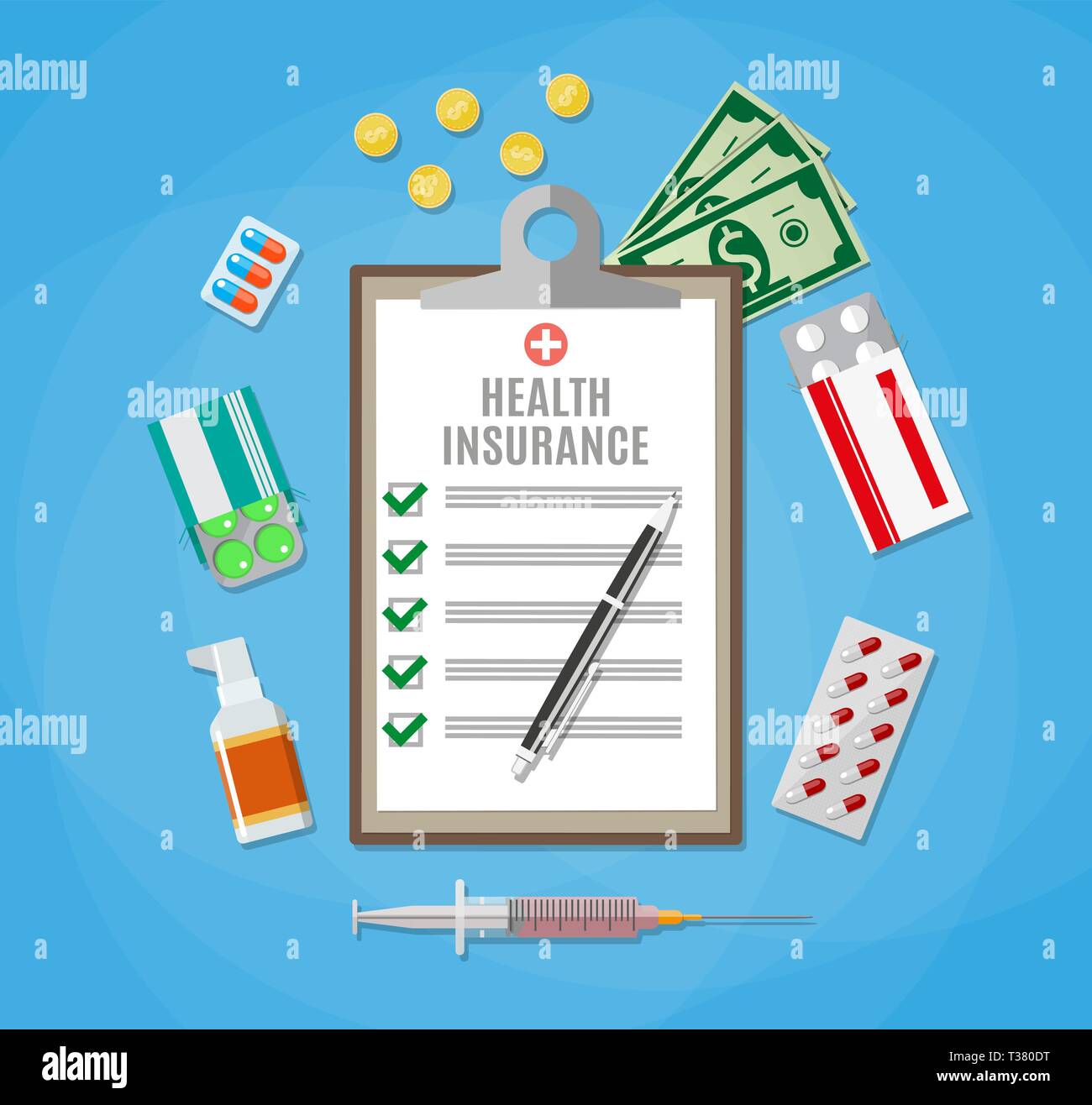 Health insurance form with pen. Filling medical documents. Syringe, drugs, money. vector