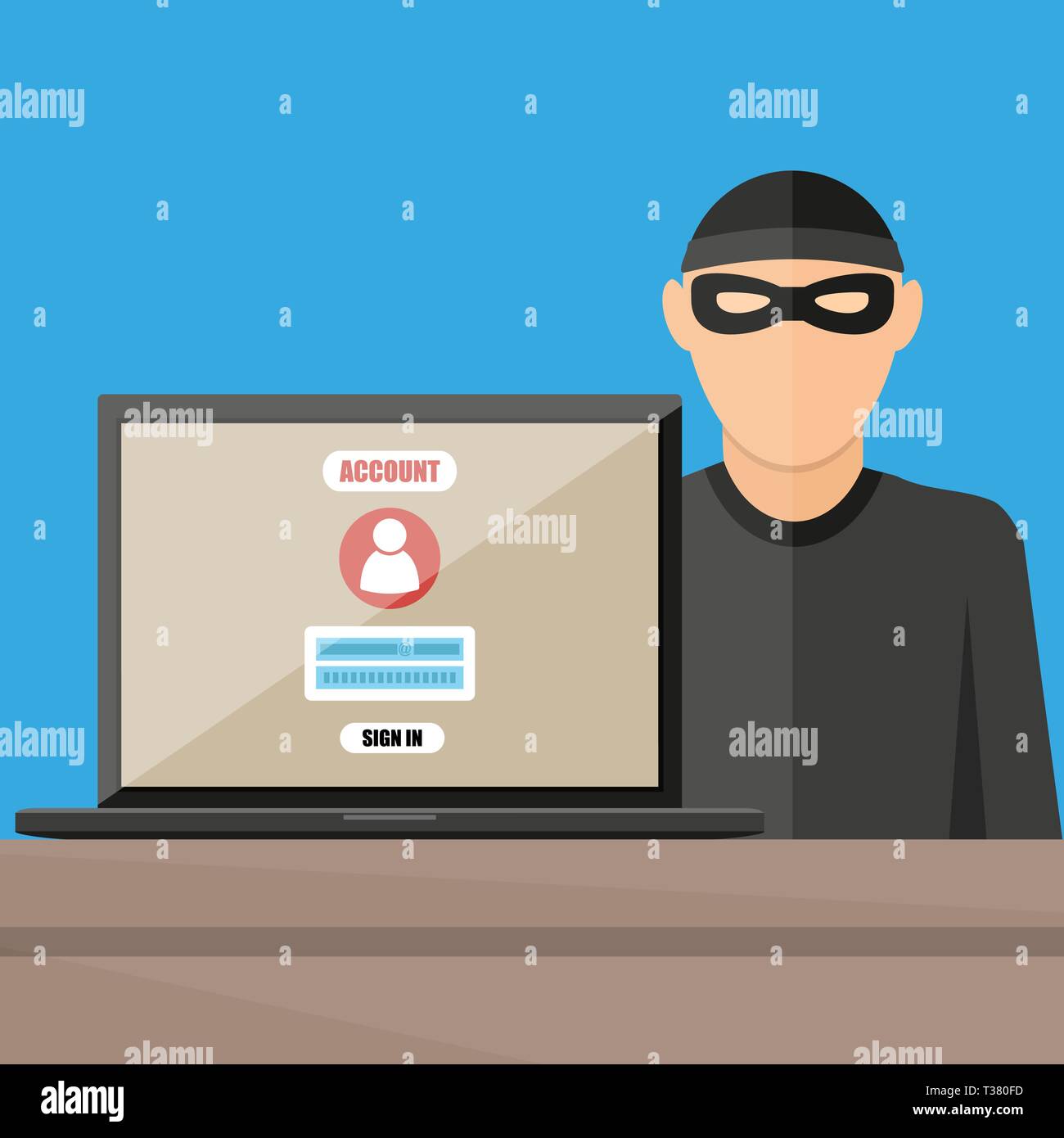 Thief hacker in mask stealing passwords from laptop. anti phishing and internet viruses concept. vector illustration in flat style on blue background Stock Vector