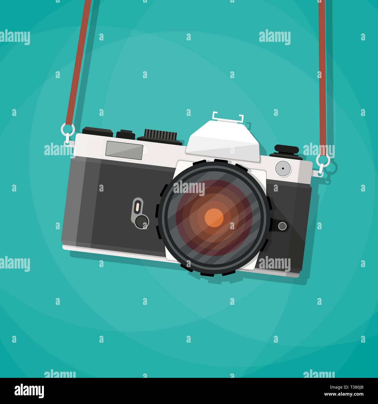 Old vintage photo camera with strap. Hanging retro camera. vector
