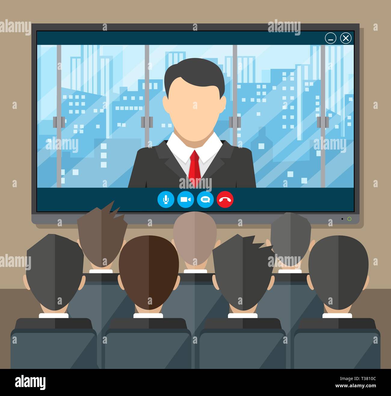 Video conference concept. Room with chairs and crowd, big digital screen.  Director communicates with staff . Online meeting, video call, webinar or  tr Stock Vector Image & Art - Alamy