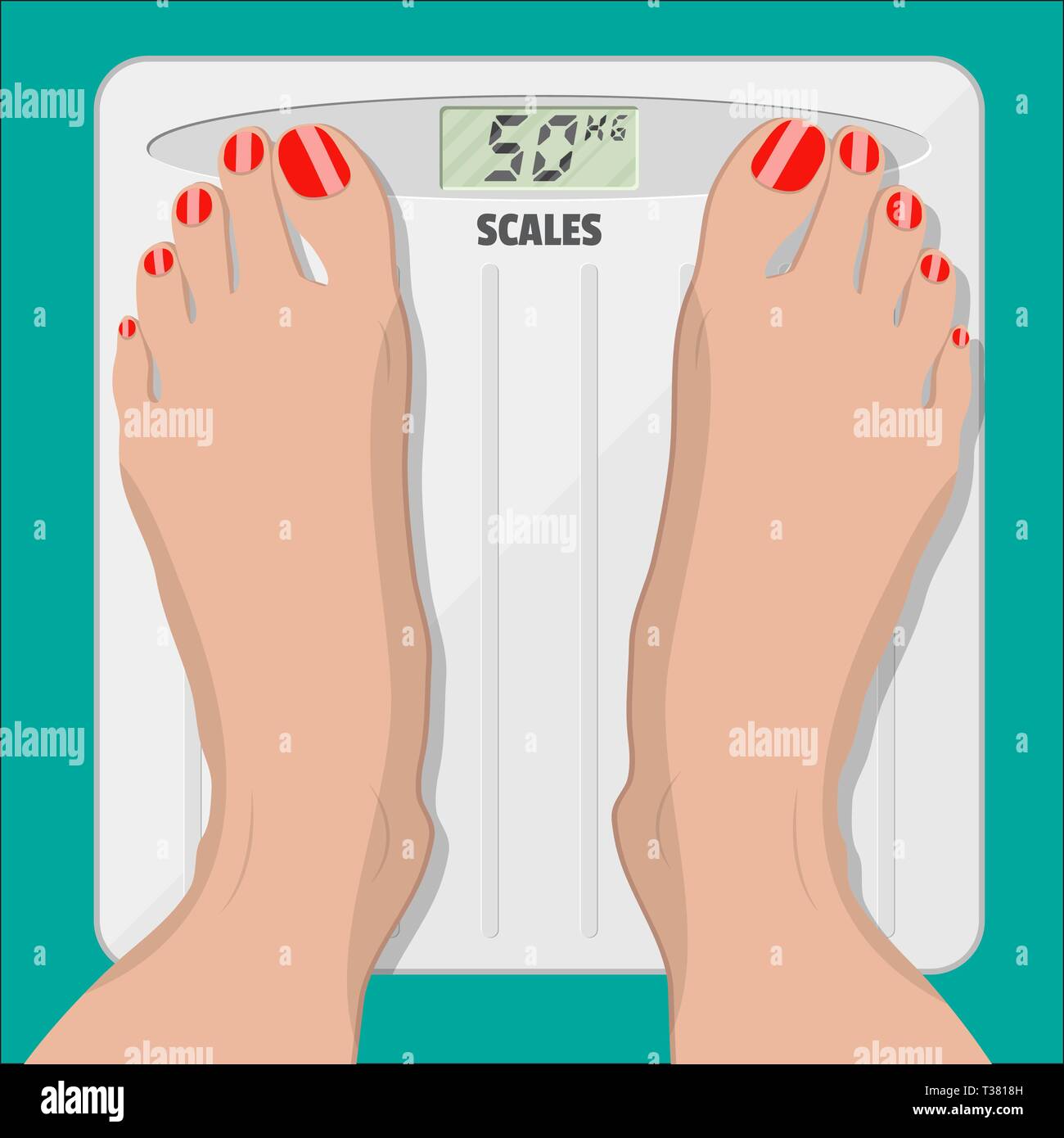 woman weighed on floor scales, electronic scales and female feet with