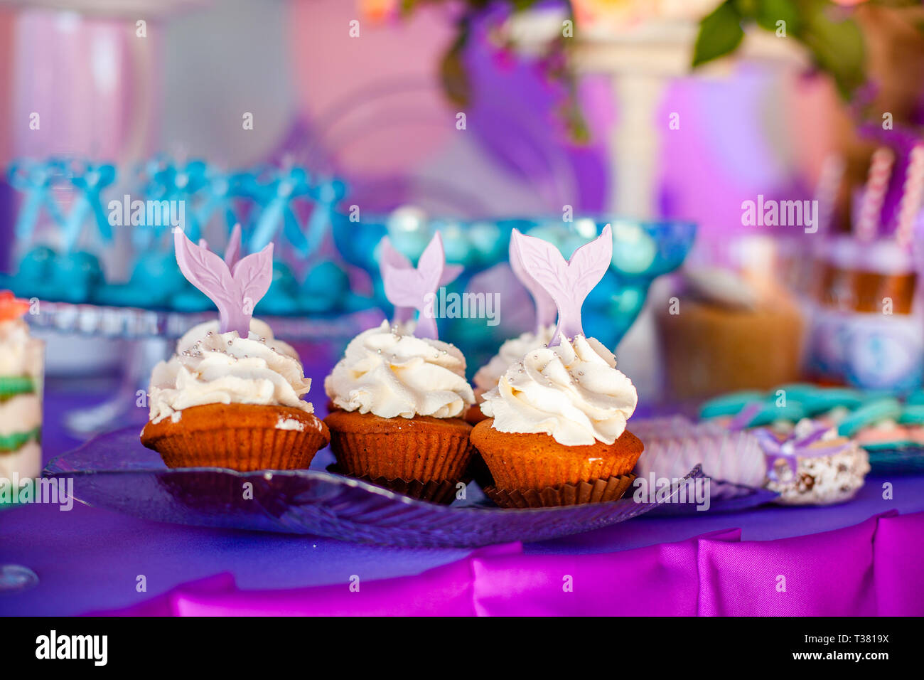 Birthday Party Concept For Girl Table For Kids With Cupcakes With Withe Topind Decored Purple Mermaid Tail Summer Season Delicious On The Party Sea Stock Photo Alamy