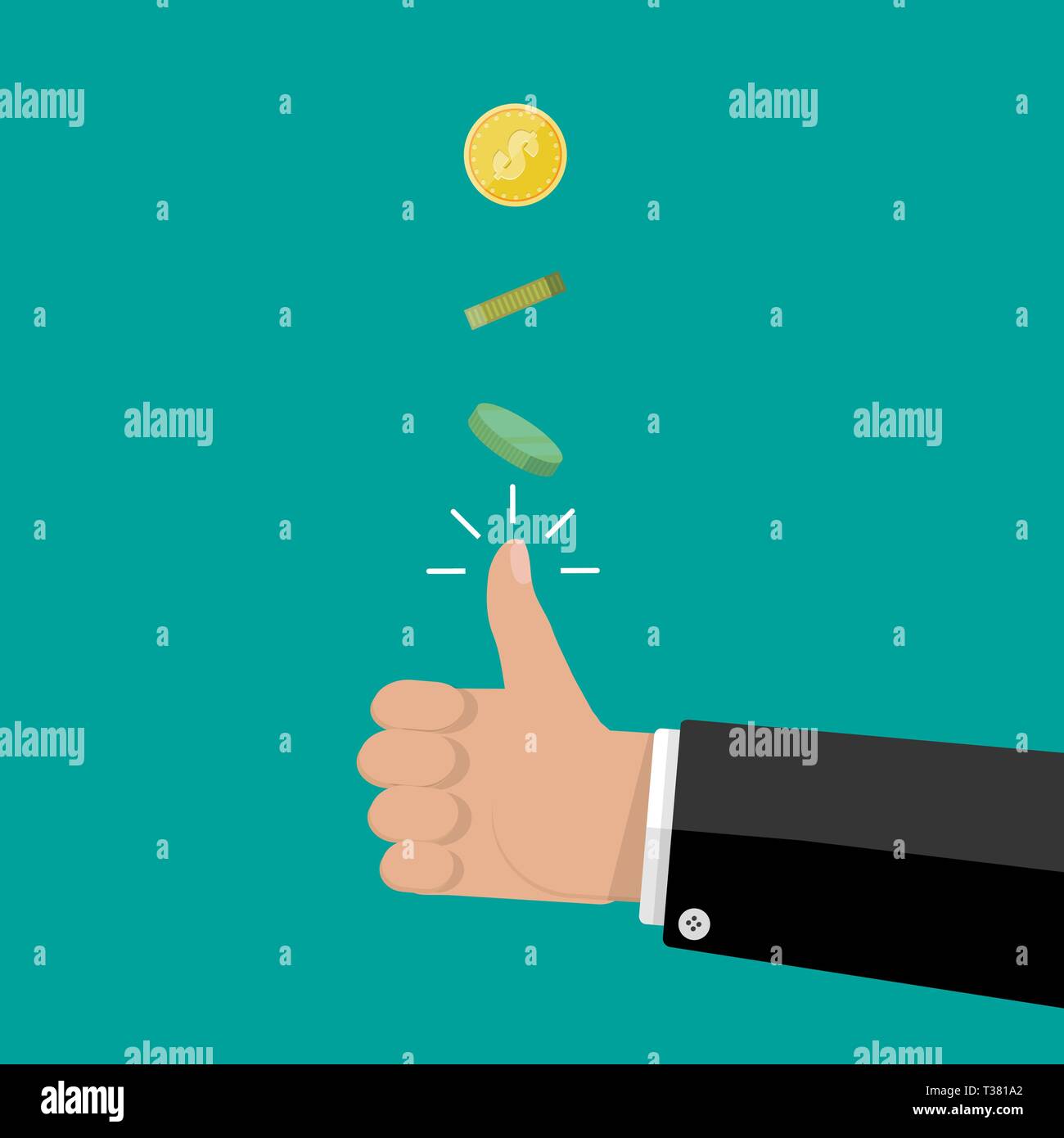 hand of businessman tossing a coin. vector illustration in flat style Stock Vector