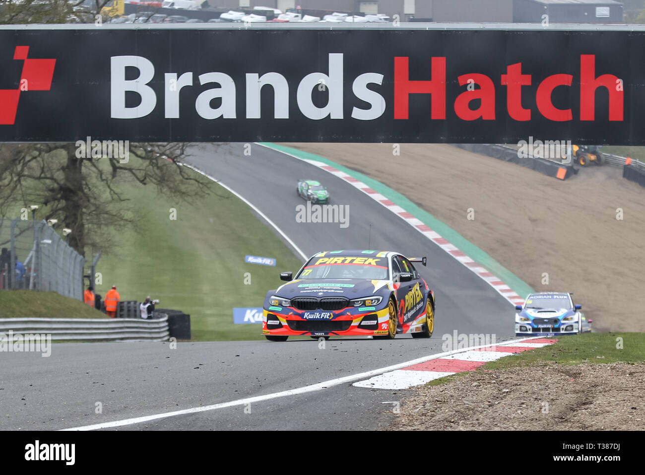 Longfield, UK. 07th Apr, 2019. Andrew Jordan in the BMW Pirtek Racing BMW 330i M Sport on his way to winning Round 2 of the British Touring Car Championship at Brands Hatch, Longfield, England on 7 April 2019. Photo by Ken Sparks. Editorial use only, license required for commercial use. No use in betting, games or a single club/league/player publications. Credit: UK Sports Pics Ltd/Alamy Live News Stock Photo