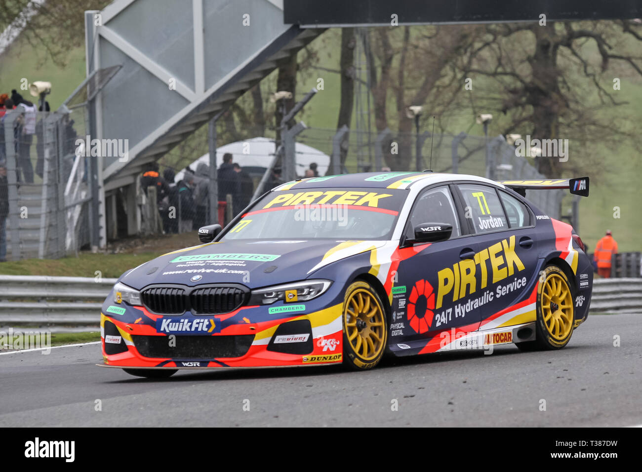 Longfield, UK. 07th Apr, 2019. Andrew Jordan in the BMW Pirtek Racing BMW 330i M Sport on his way to winning Round 2 of the British Touring Car Championship at Brands Hatch, Longfield, England on 7 April 2019. Photo by Ken Sparks. Editorial use only, license required for commercial use. No use in betting, games or a single club/league/player publications. Credit: UK Sports Pics Ltd/Alamy Live News Stock Photo