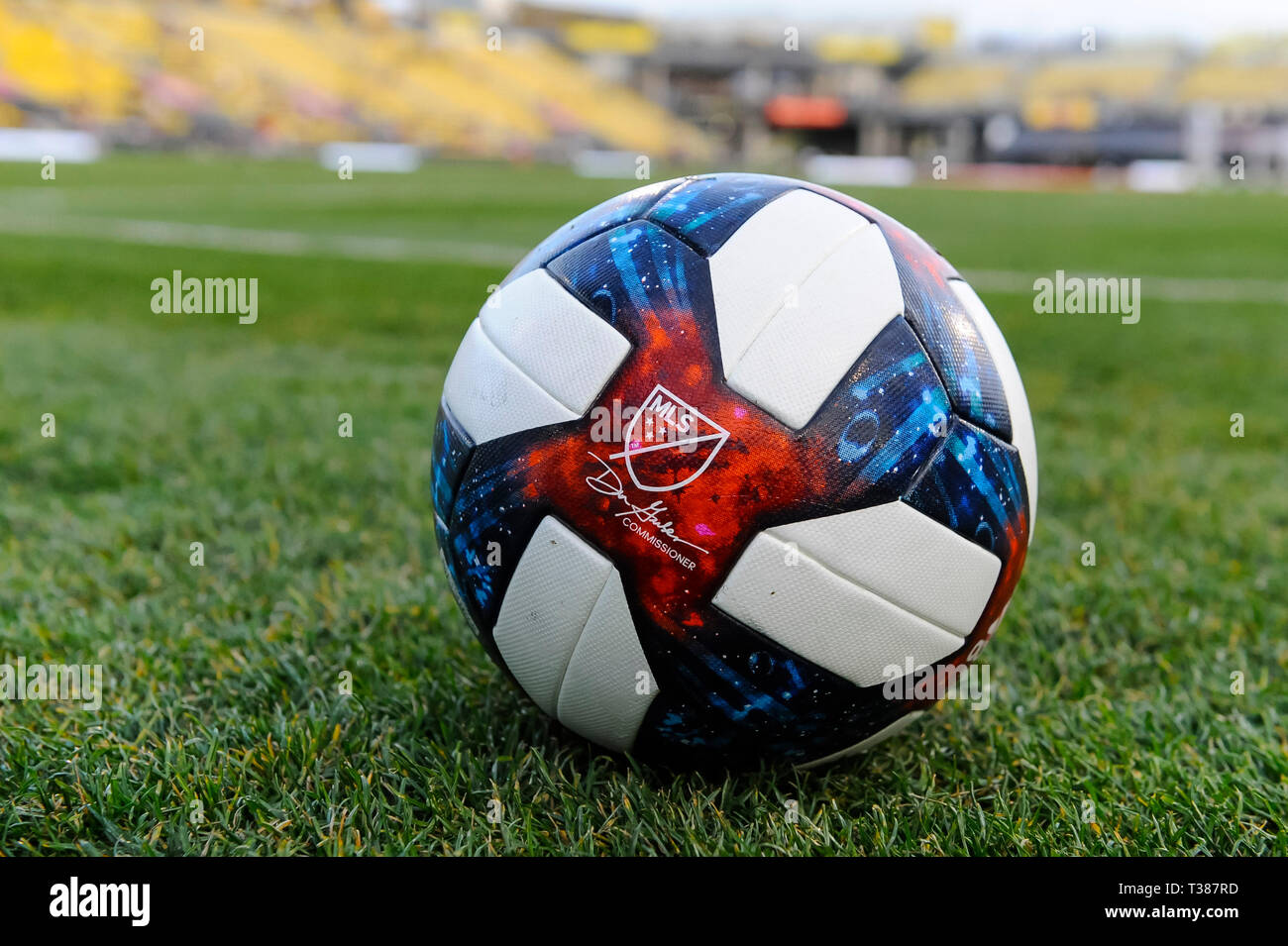 Saturday, April 06, 2019: The game ball before the match between New England Revolution and Columbus Crew SC at MAPFRE Stadium, in Columbus OH. Mandatory Photo Credit: Dorn Byg/Cal Sport Media. Crew 1 - Revolution 0 Stock Photo