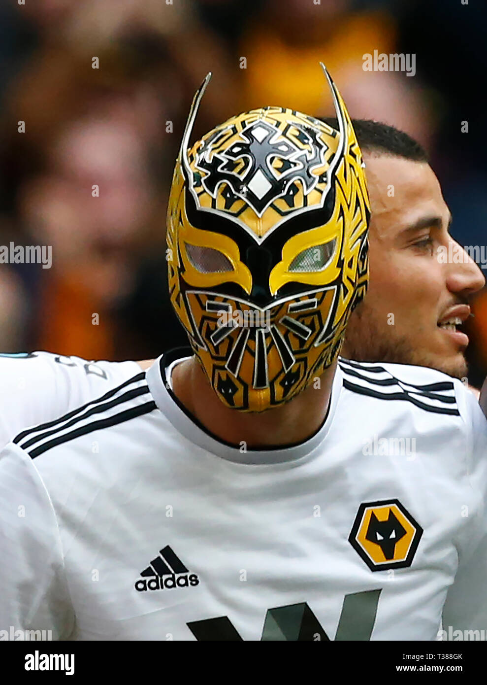 London, UK. 07th Apr, 2019. Wolverhampton Wanderers' Raul Jimenez  celebrates scoring his sides second goal with a Wolves Mask during The FA  Emirates Cup Semi-Final match between Watford and Wolverhampton Wanderers at