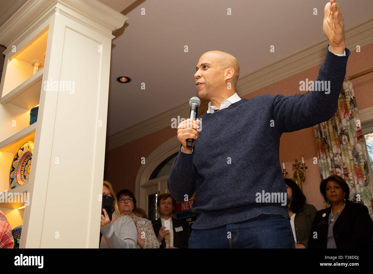 Amherst, New Hampshire, USA. 6th Apr, 2019. Cory Booker attended a house  party at the home of State Senator Shannon Chandley and Tom Silvia in  Amherst New Hampshire on Saturday evening April