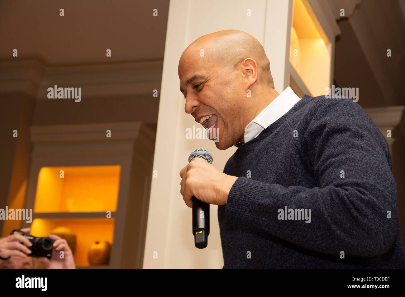Amherst, New Hampshire, USA. 6th Apr, 2019. Cory Booker attended a house  party at the home of State Senator Shannon Chandley and Tom Silvia in  Amherst New Hampshire on Saturday evening April