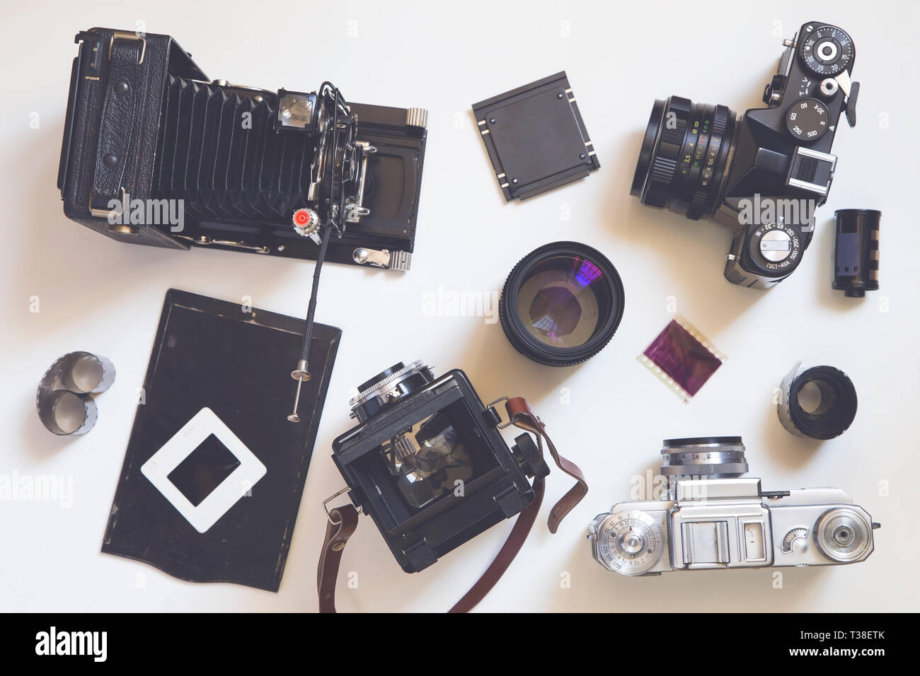 Set of the old cameras and photography equipment Stock Photo