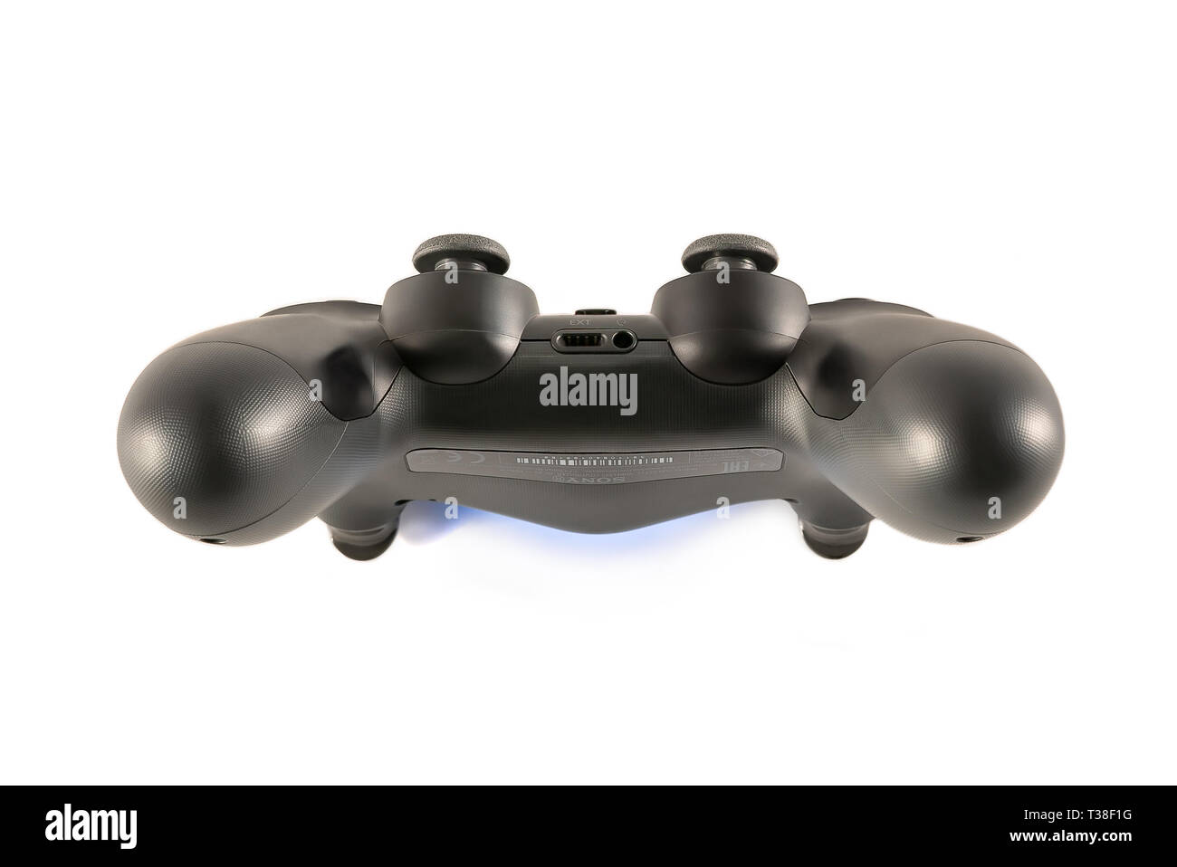 HEGGENES - MARCH 31: Front view of PlayStation Dualshock 4 black wireless video game controller isolated on white Stock Photo