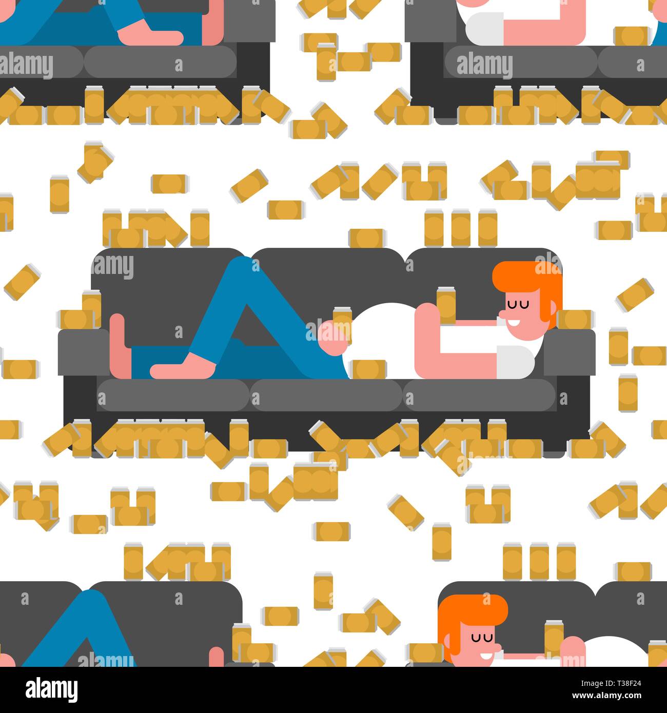 Lazy man lying on couch drinking beer pattern seamless. Hangover guy is lying on sofa background Stock Vector