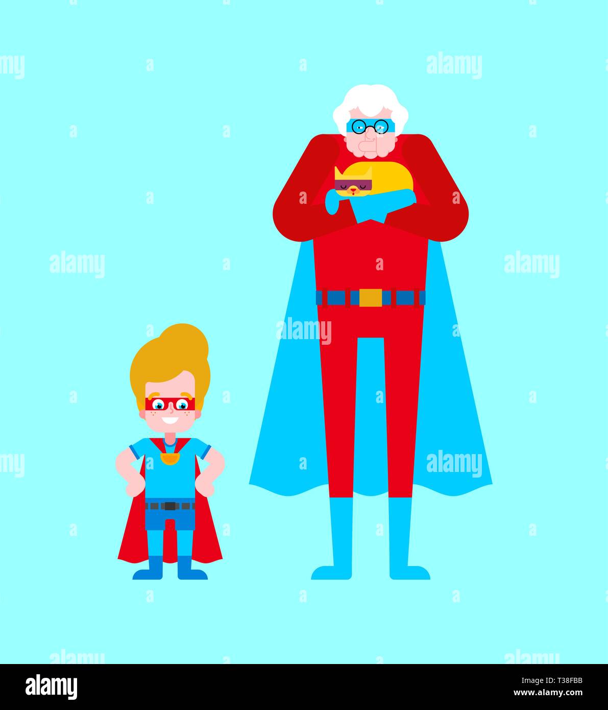 Superhero Grandmother and grandson. Super Grandma in Cloak and mask. Superpowers old woman. Cartoon style vector Stock Vector