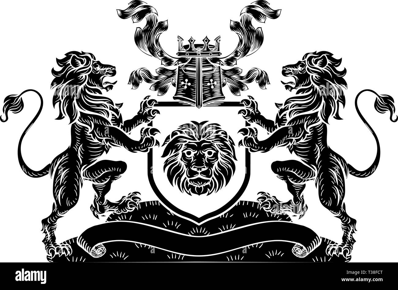 Lion Heraldic Coat of Arms Shield Crest Emblem Stock Vector