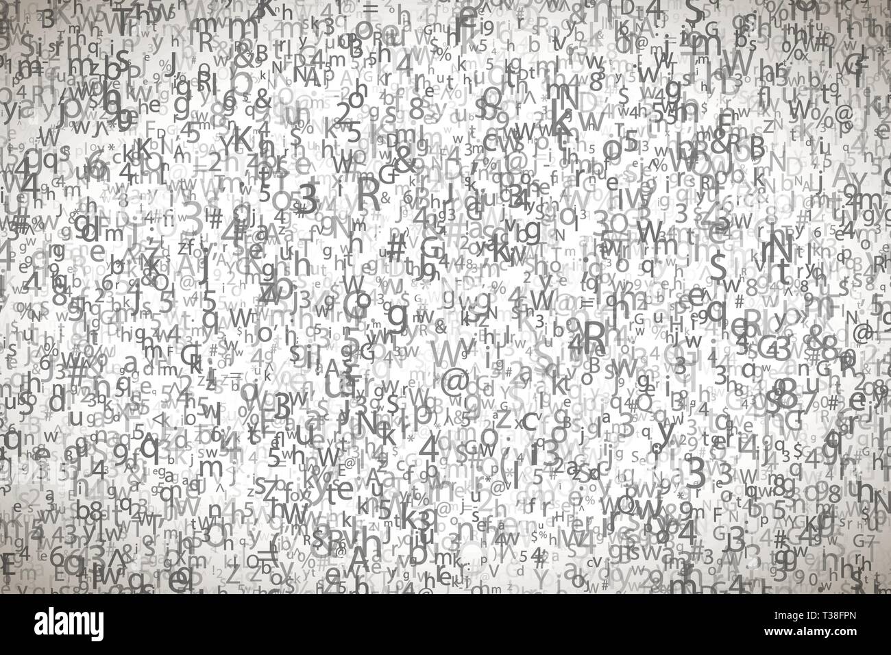 Many abstract chaotic complicated crypto symbols on white, data encryption binary code concept Stock Vector