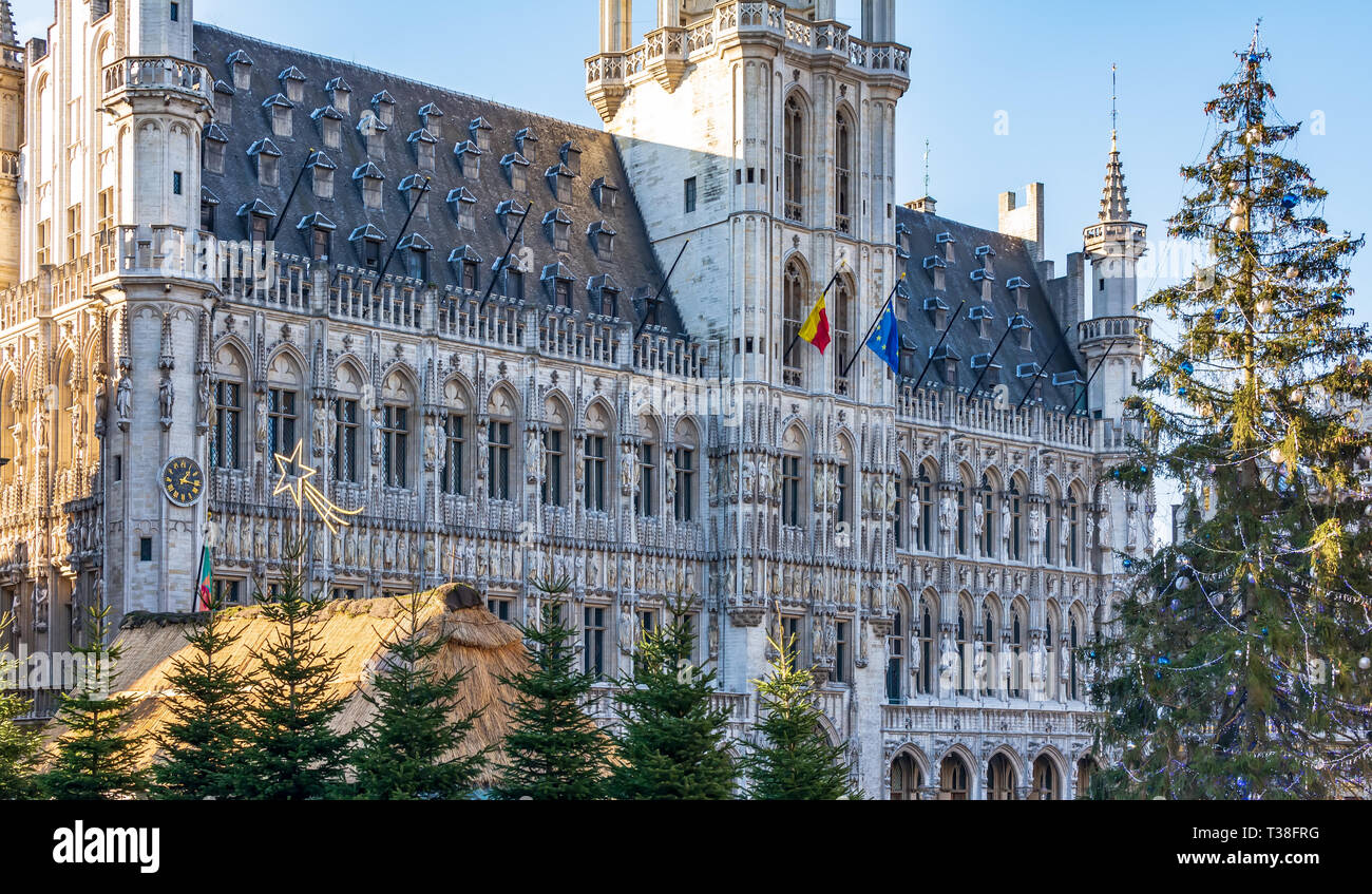 The Brussels Town Hall with Christmas tree and market in front. Stock Photo