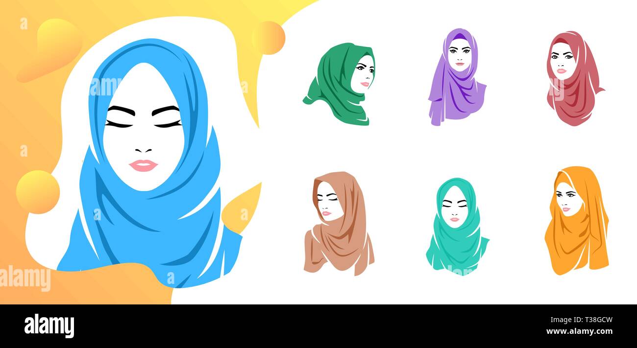 Set of beautiful woman wearing colorful hijab icon, hijab logo isolated Stock Vector