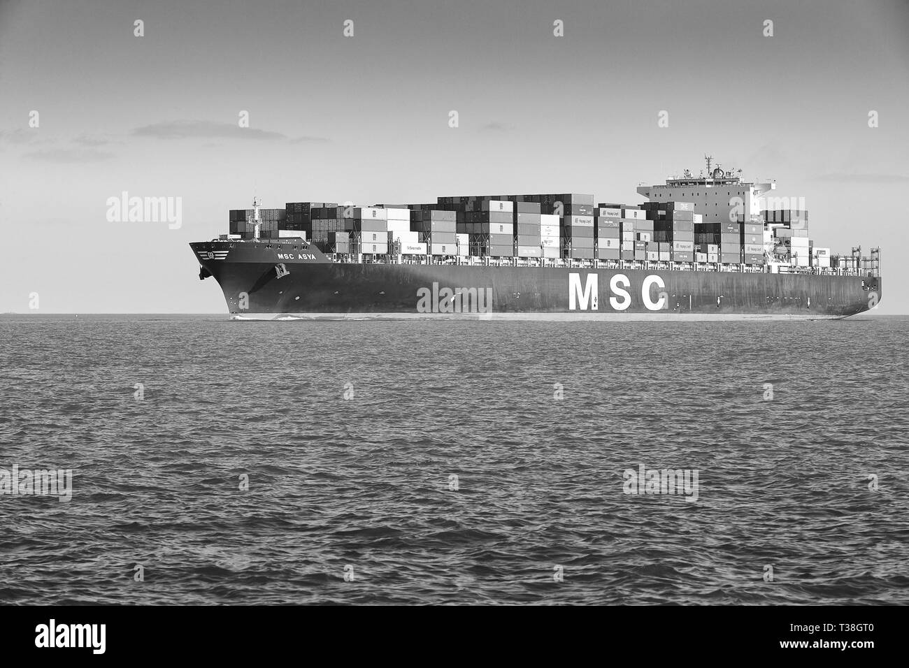 Black and White Photo Of The Container Ship, MSC ASYA, Underway At Sea, En Route To The Port Of Southampton, UK. 25 March 2019. Stock Photo