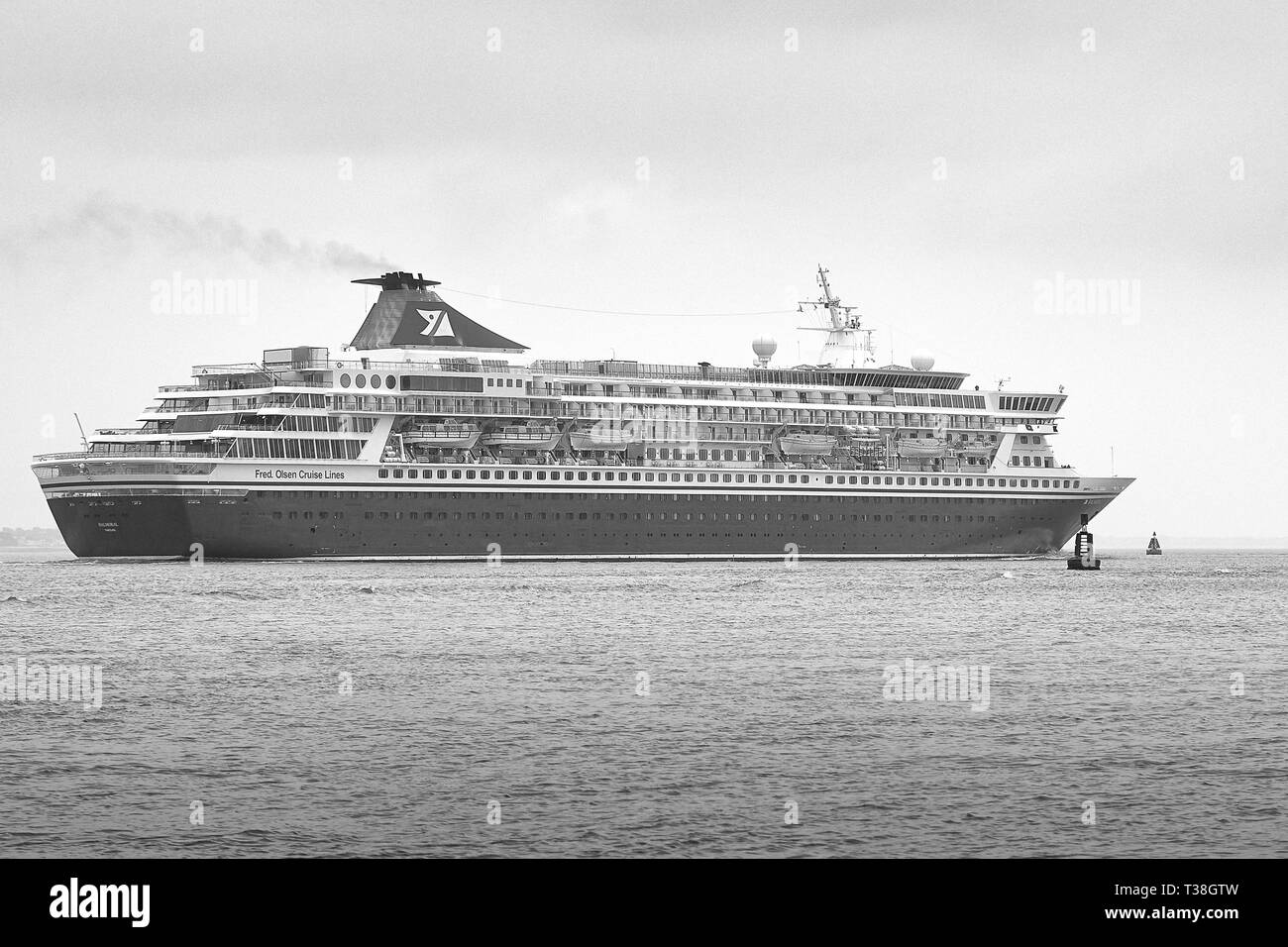 Black and White Photo Of The FRED OLSEN CRUISE LINES, Cruise Ship, BALMORAL, Underway, Departing The Port Of Southampton, UK. 22 March 2019. Stock Photo