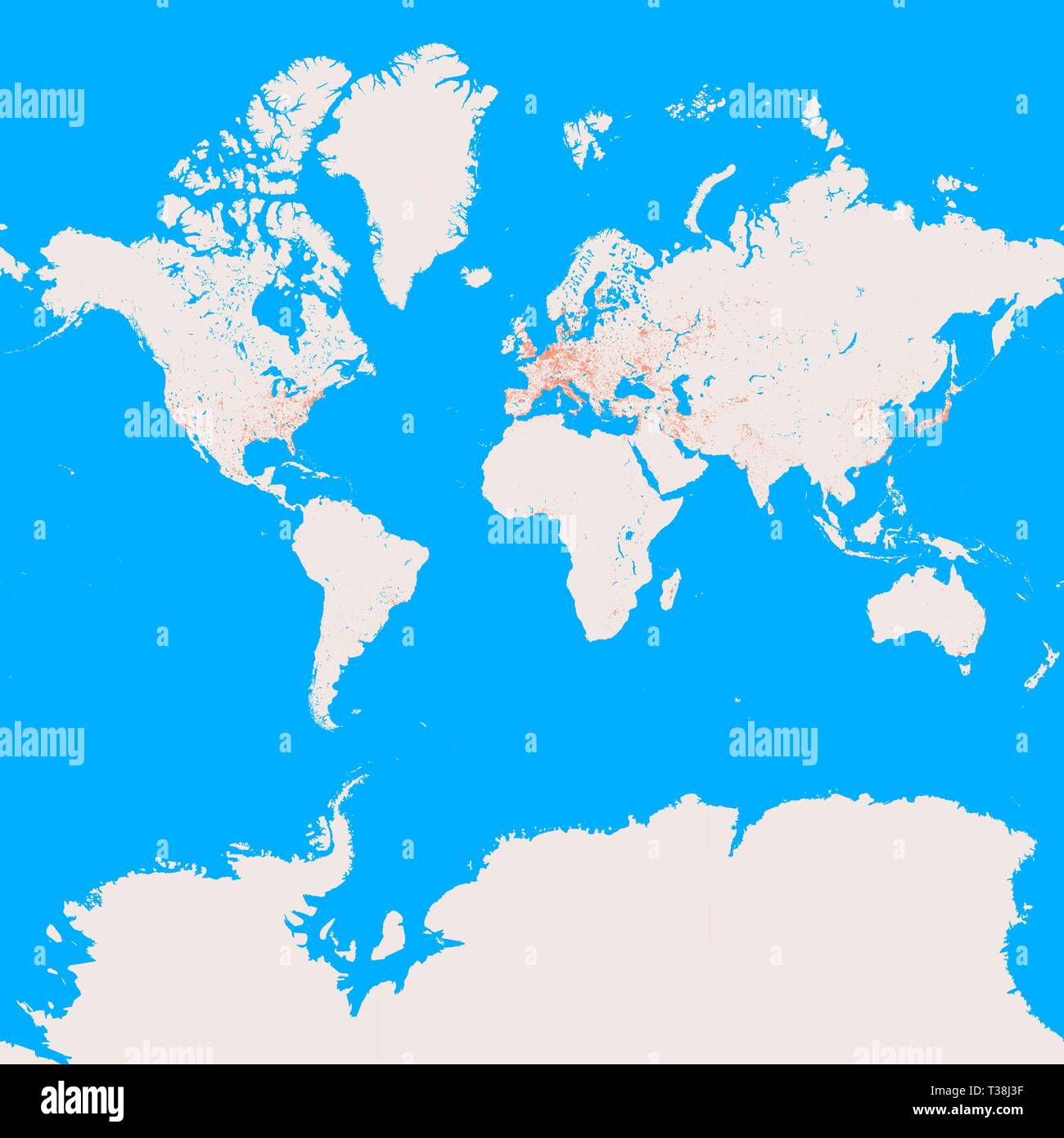 World map, planisphere with prominent urban areas. Satellite view of the cities Stock Vector 