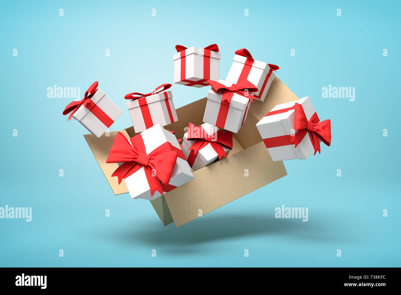 3d rendering of cardboard box flying in air full of gift boxes on light ...