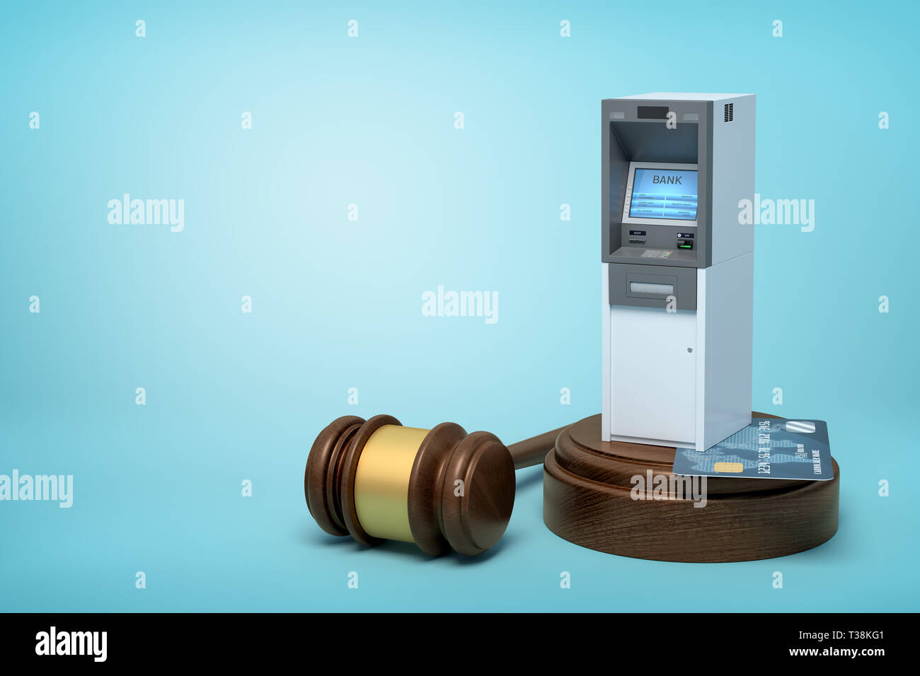 3d rendering of brown wooden gavel with ATM machine and bank card on round wooden block on blue background. Stock Photo