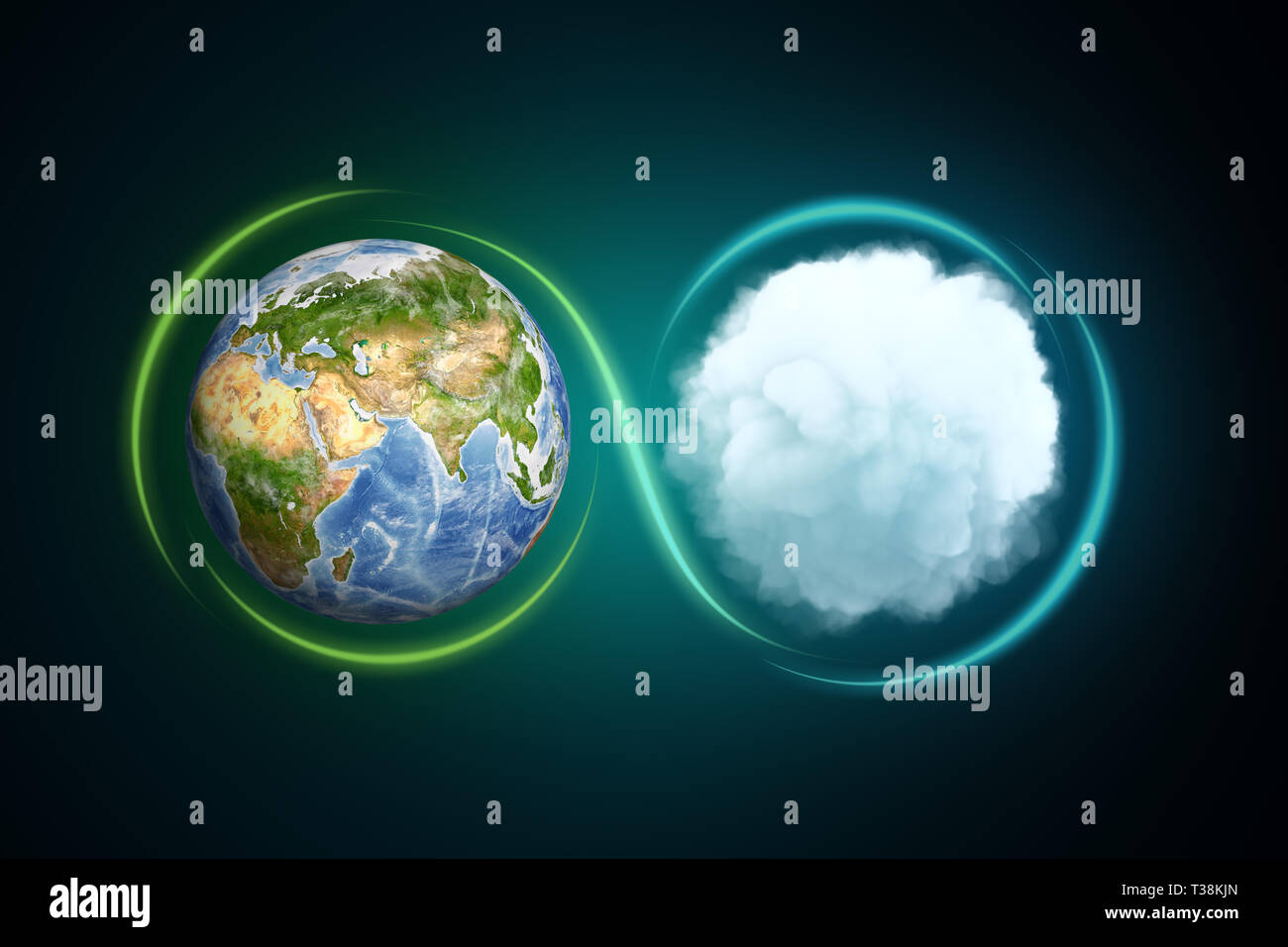 3d rendering of the Earth next to a white round fluffy cloud with a light line traced around them forming an infinity sign. Stock Photo