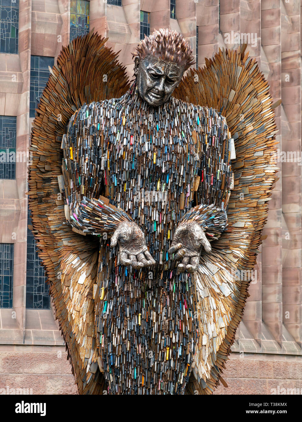 Coventry, West Midlands, UK - April 5, 2019: Knife angel sculpture made from 100,000 blades that were confiscated or handed in across the UK to police Stock Photo