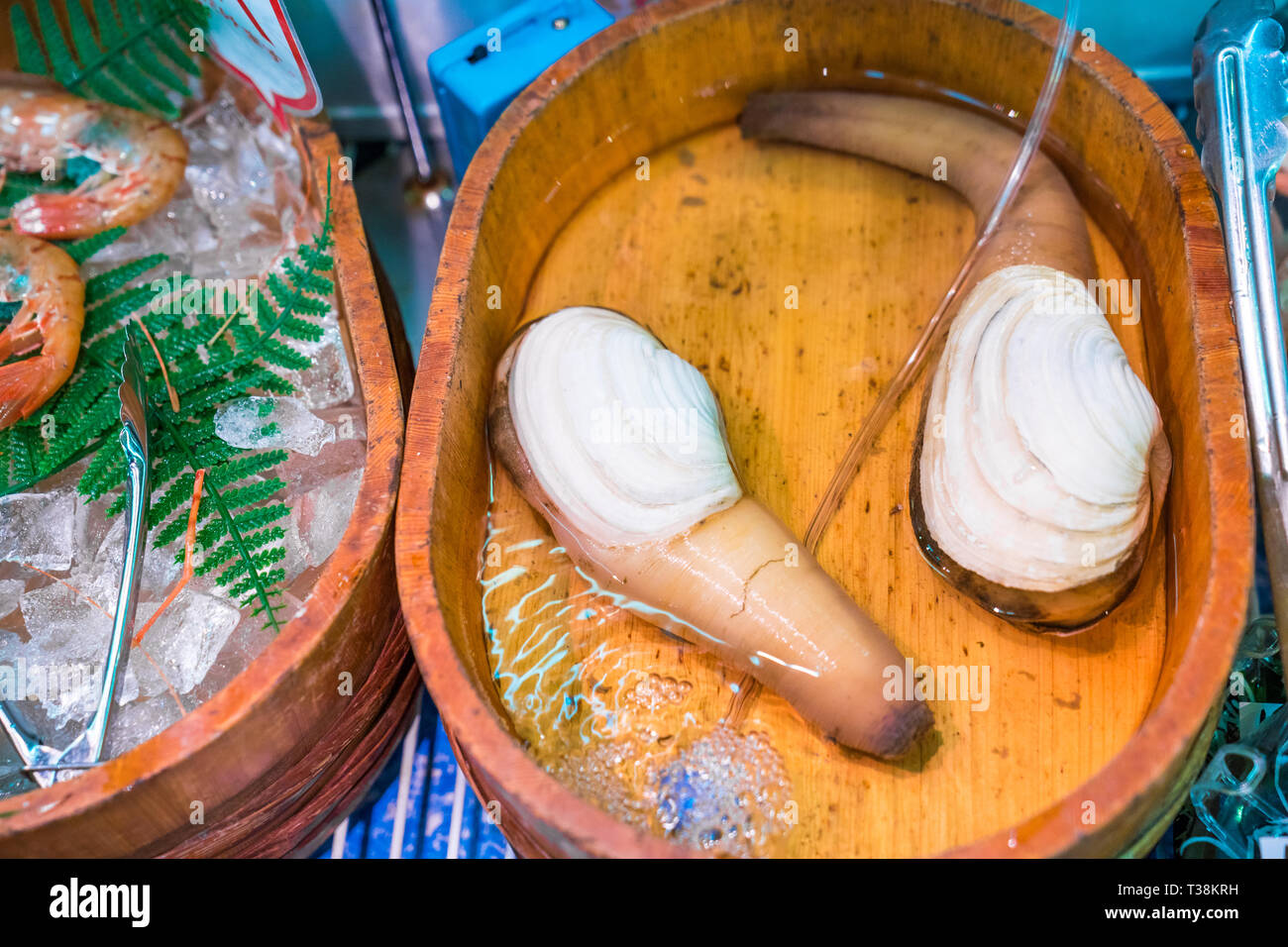 fresh shellfish at fish market, Japan. Stock Photo