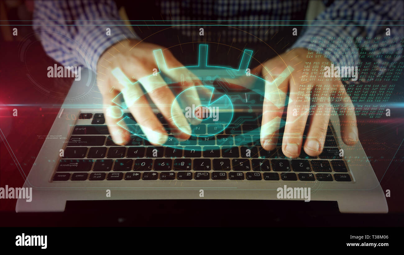 Hands typing on laptop keyboard with watching eye on hologram screen. Concept of spy cam, cyber espionage, digital surveillance, spying, hacking, keyl Stock Photo