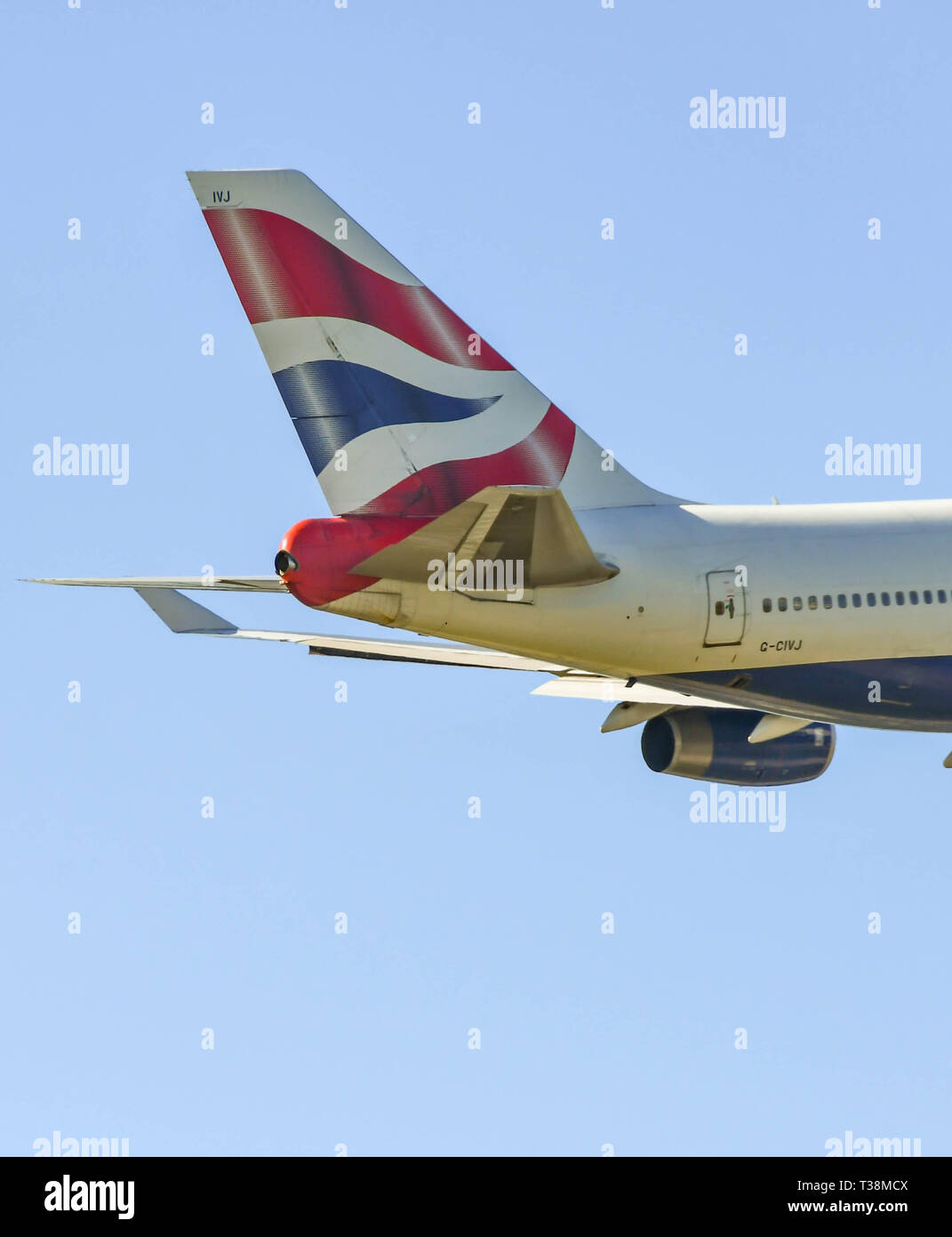 LONDON, ENGLAND - MARCH 2019: Tail fin of a British Airways Boeing 747 'Jumbo Jet' departing from London Heathrow Airport. Stock Photo