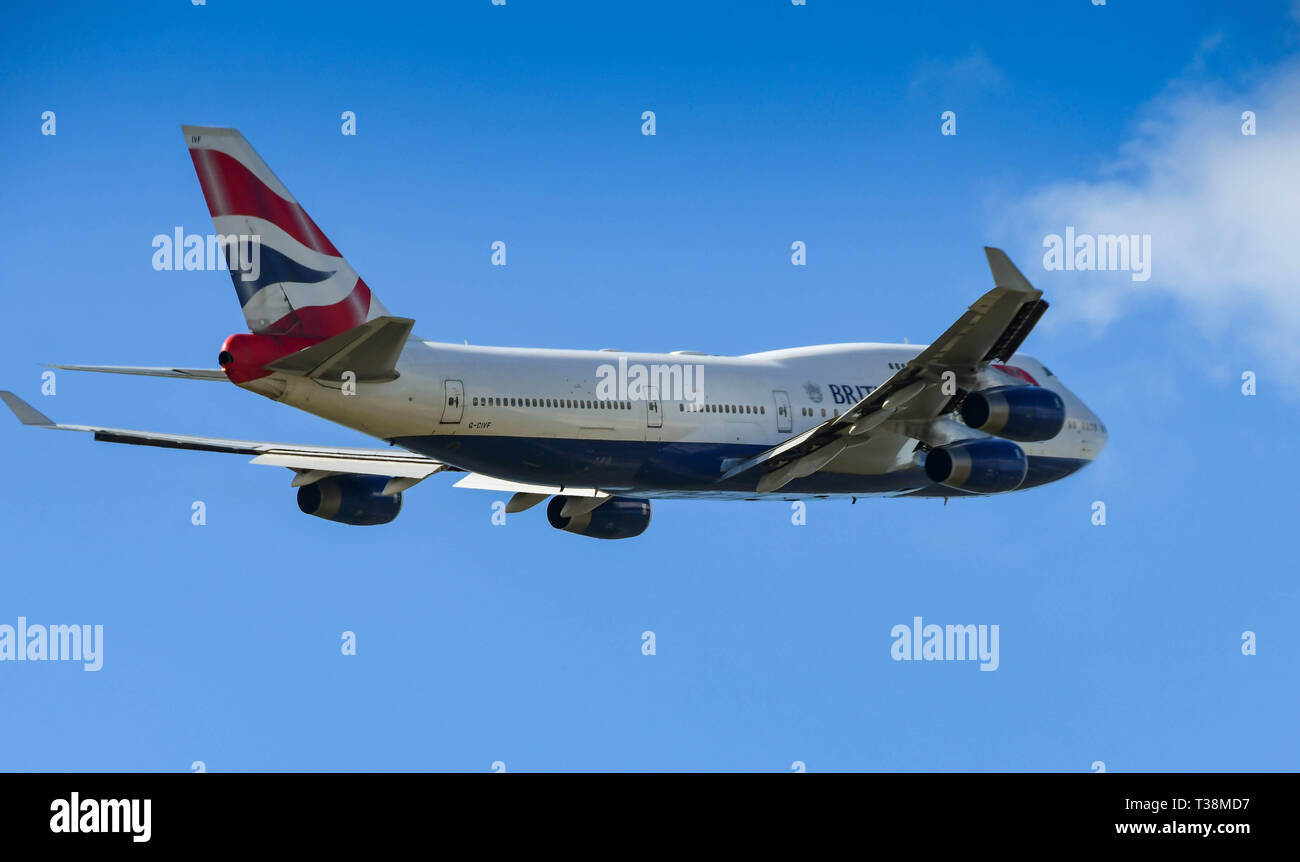 LONDON, ENGLAND - MARCH 2019: British Airways Boeing 747 'Jumbo Jet' departing from London Heathrow Airport. Stock Photo