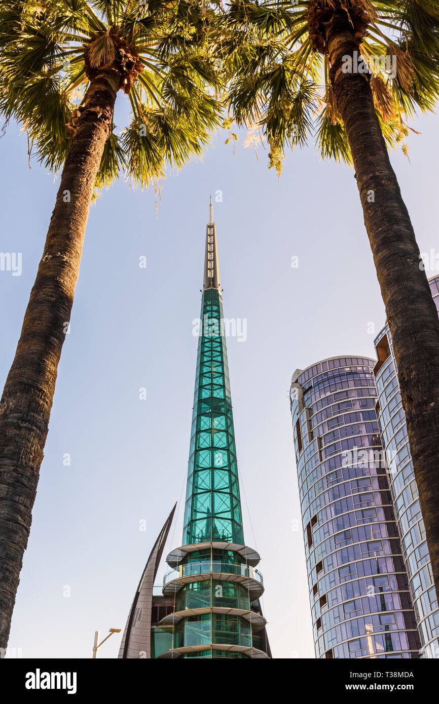 Palm tree framed Swan Bell Tower Barrack Square, Perth, Western Australia Stock Photo