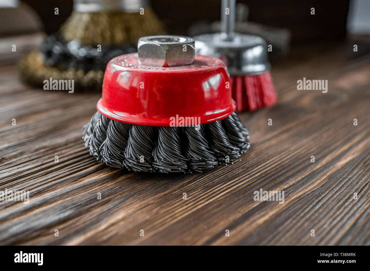 abrasive tools for brushing wood and giving it texture. Wire brushes on