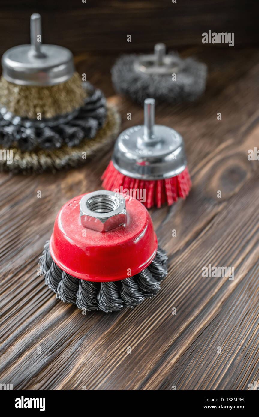 abrasive tools for brushing wood and giving it texture. Wire brushes on