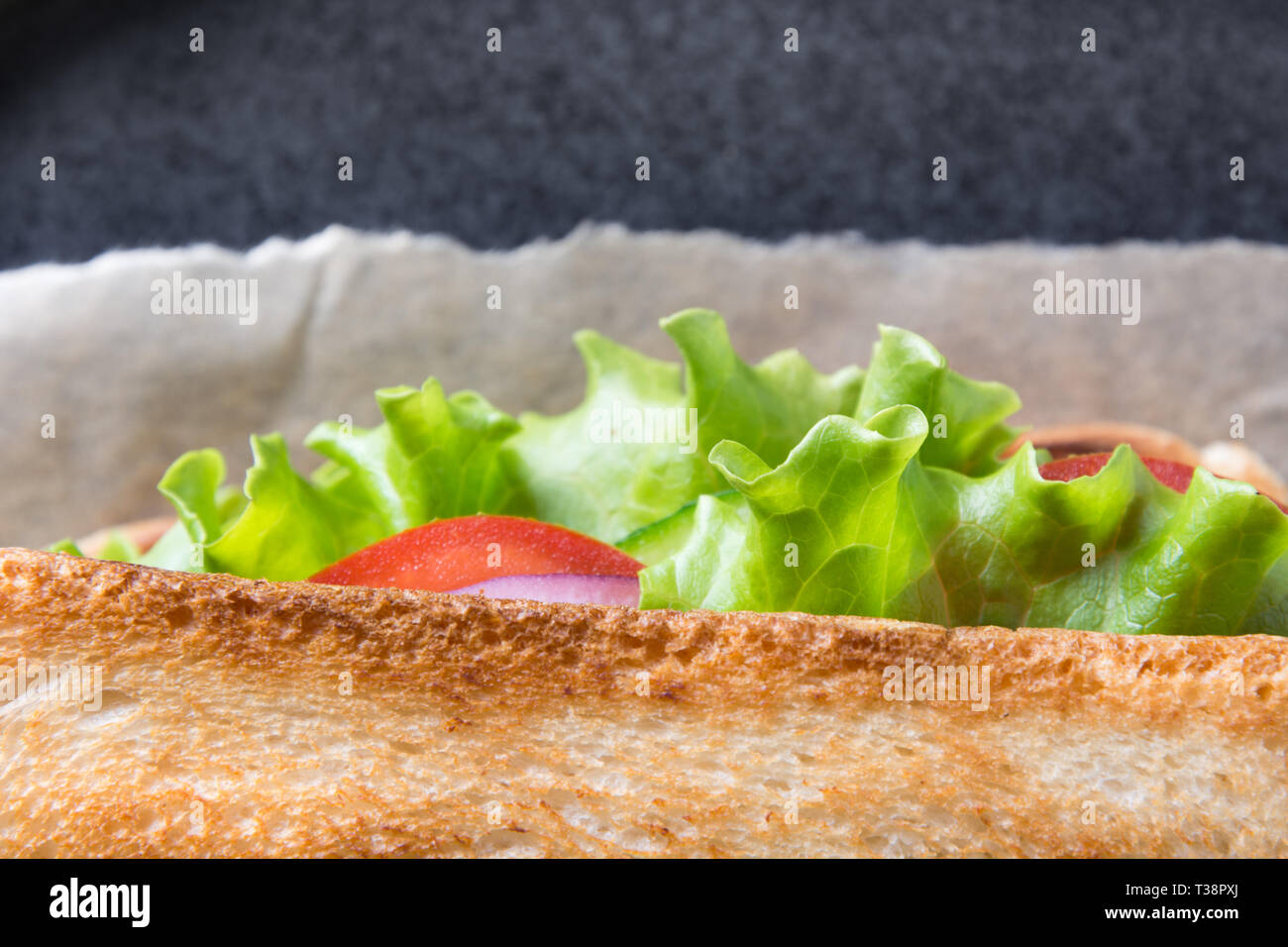 Layers of sandwich with bacon, tomato, onion, salad. Food pattern